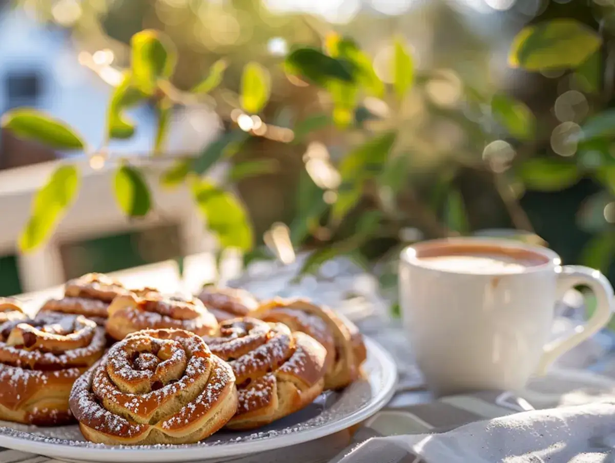 Kanelbullar med pudersocker och en kopp kaffe. Kanske inte det bästa kaffet, men bullarna ser goda ut i solljuset.