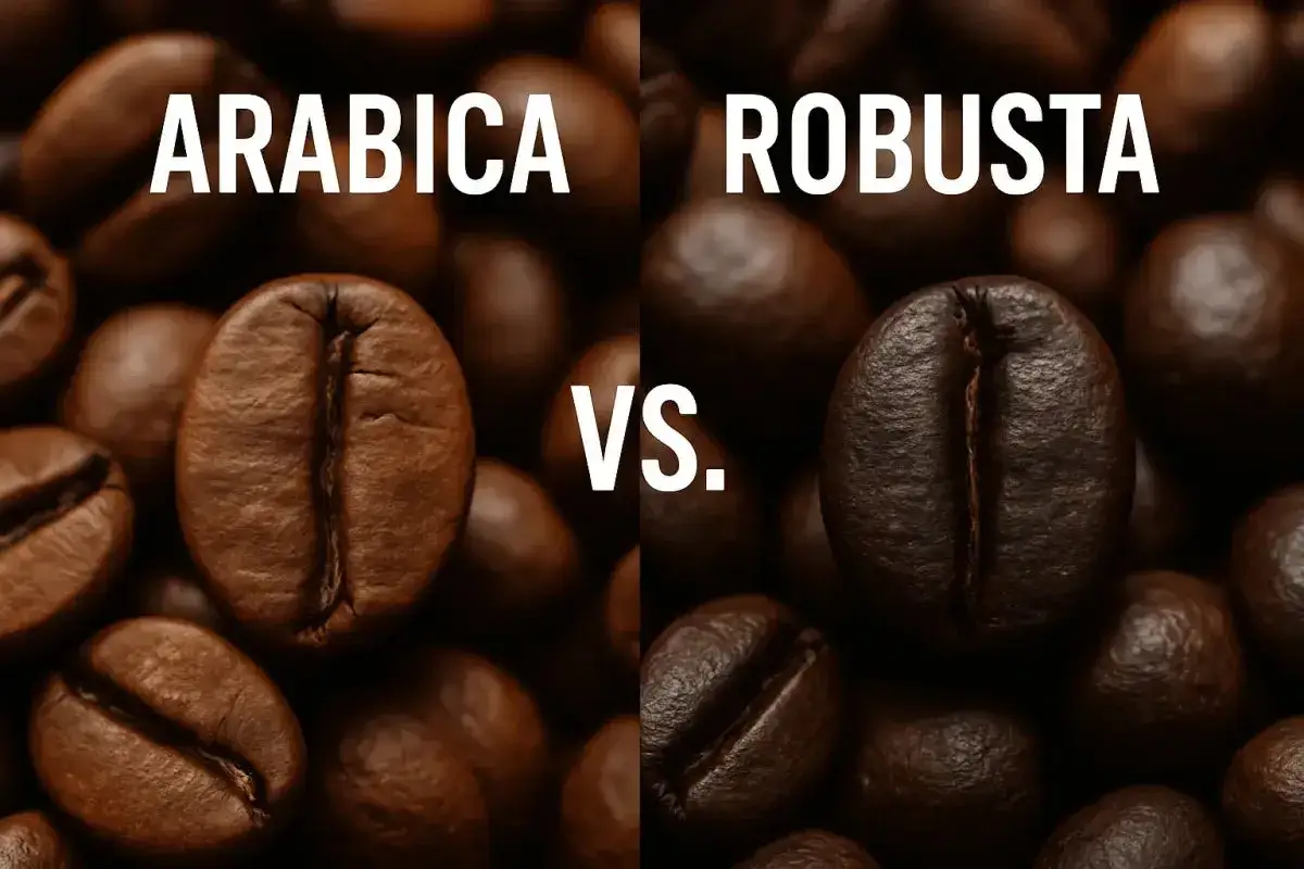 Närbild på Arabica- och robusta kaffebönor. Robusta bönorna är mörkare och rundare.