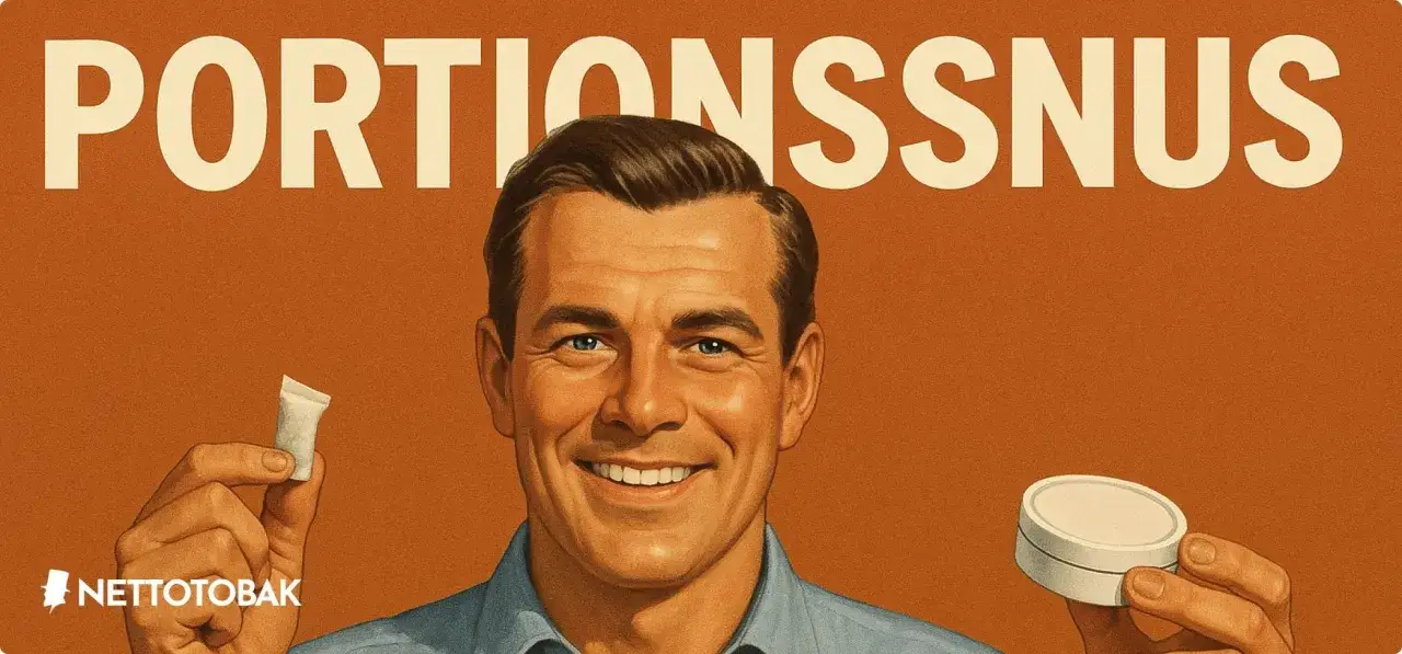 Portionssnus: en modern del av snusets historia. En leende man håller upp en prilla och en dosa.