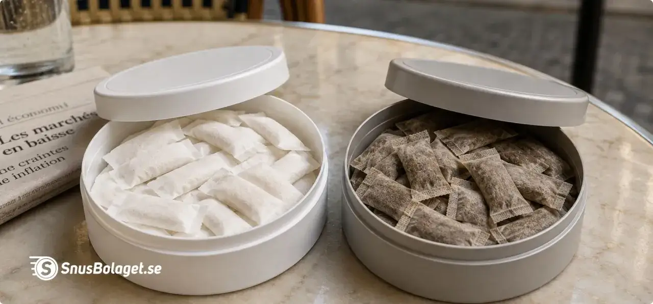 Två dosor snus, en med vita portioner och en med tobaksbruna. Kanske en nyhet för snus Frankrike?