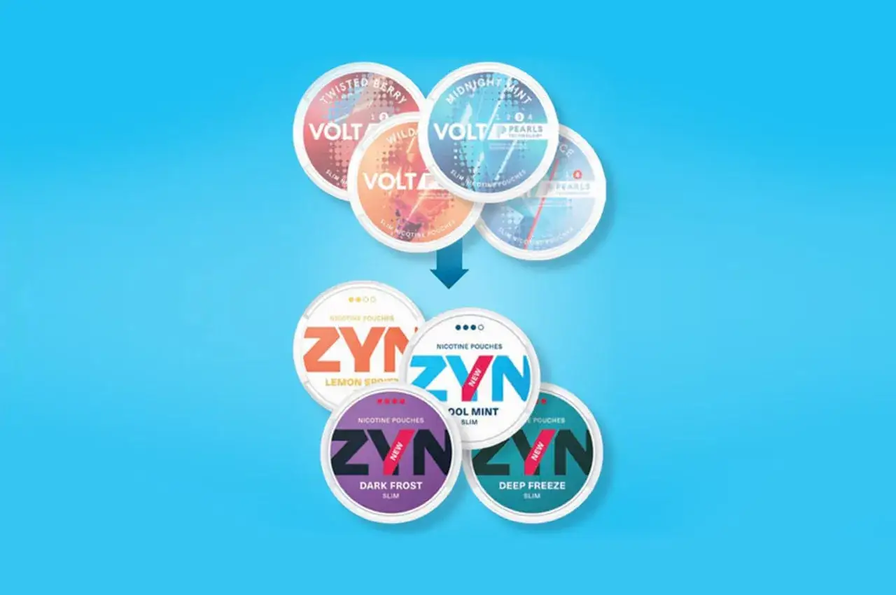Volt Pearl Technology: en övergång från Volt till ZYN nikotinpåsar i olika smaker som Lemon Spritz, Cool Mint, Dark Frost och Deep Freeze.