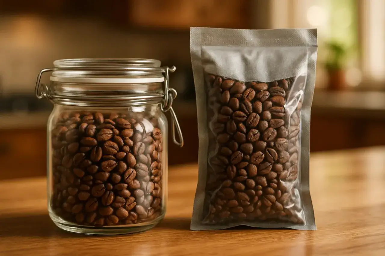 Kaffebönor i en glasburk och en förpackning. Frågan är om kaffe kan bli gammalt, men dessa bönor ser färska ut.