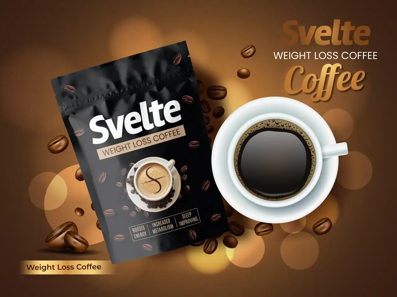 Svelte kaffe viktnedgång: en påse och en kopp kaffe omgivna av kaffebönor. Texten lyfter fram fördelar som energi och metabolism.
