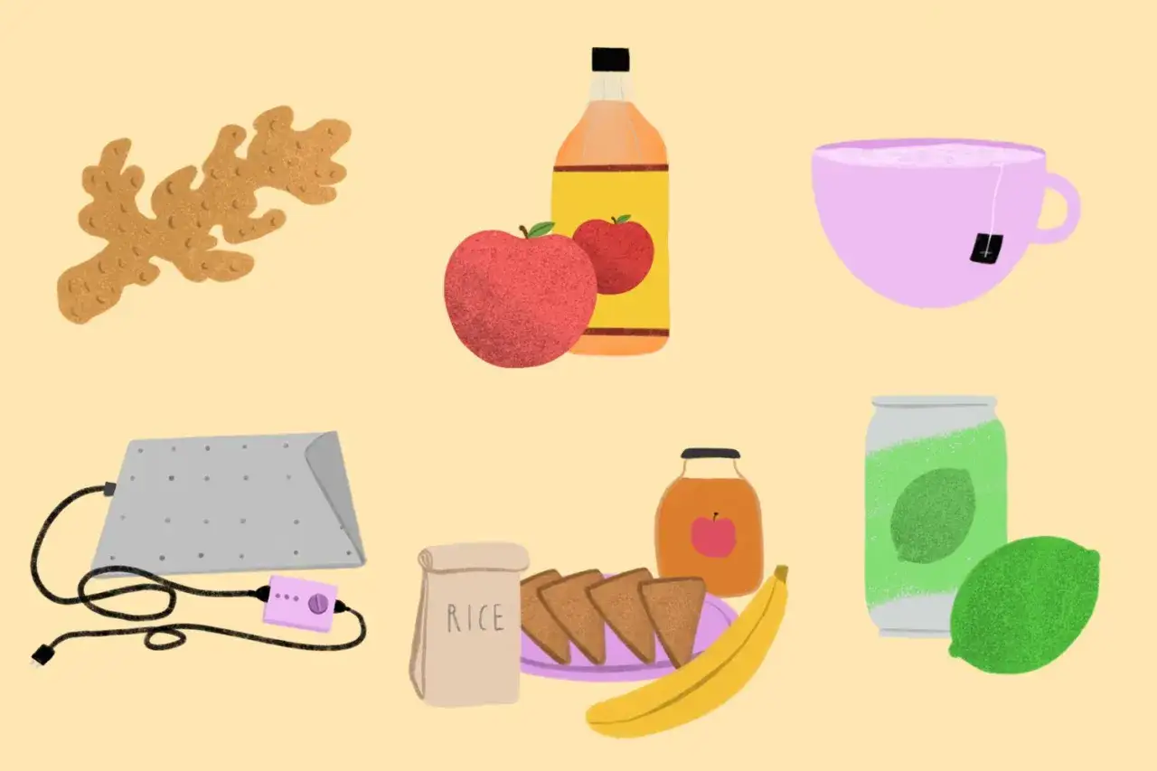 Ingredienser för att lindra illamående av kaffe: ingefära, äppelcidervinäger, te, ris, banan, och en grön dryck.