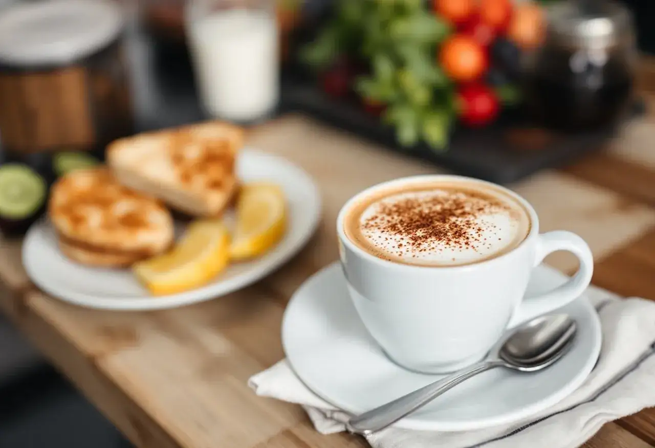 En kopp cappuccino med kanel, bredvid en tallrik med rostat bröd och citron. Perfekt för en frukost med grovmalet kaffe.