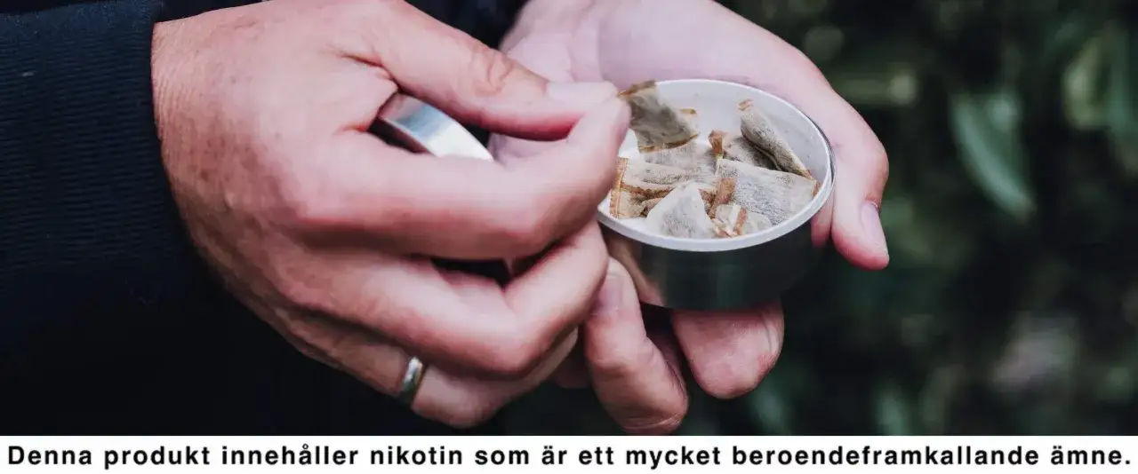 Händer tar en prilla snus ur en dosa. Ett alternativ till cigaretter.