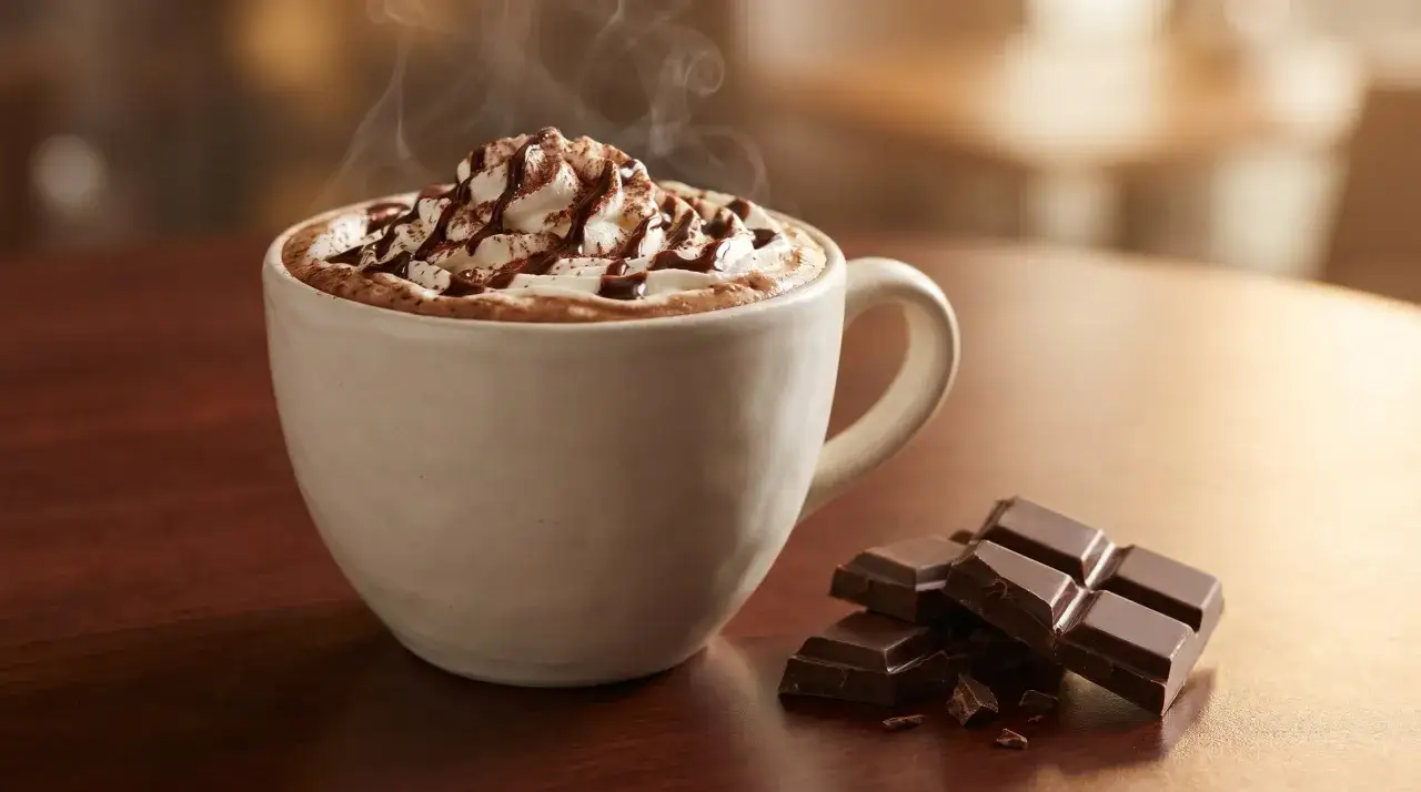 En ångande kaffe mocha med vispgrädde och chokladsås, bredvid en hög med mörk choklad.