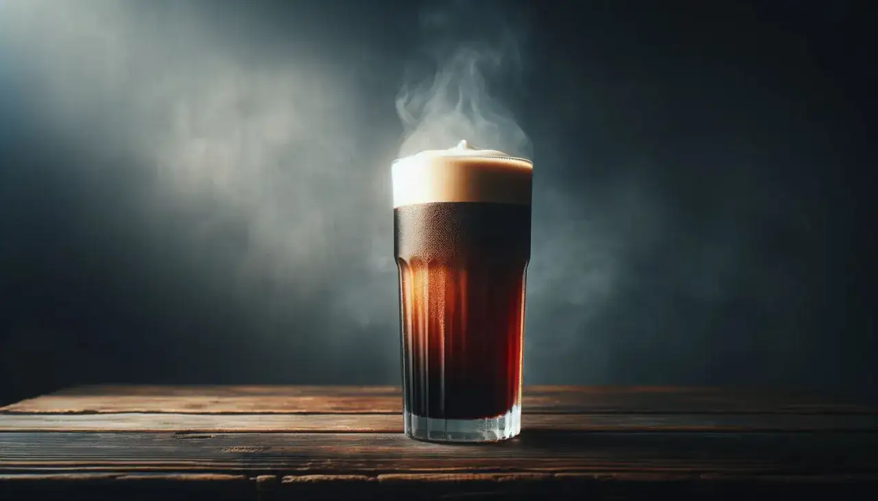 Ett glas med krämig nitro cold brew, med en perfekt skummig topp som avger en lätt ånga.