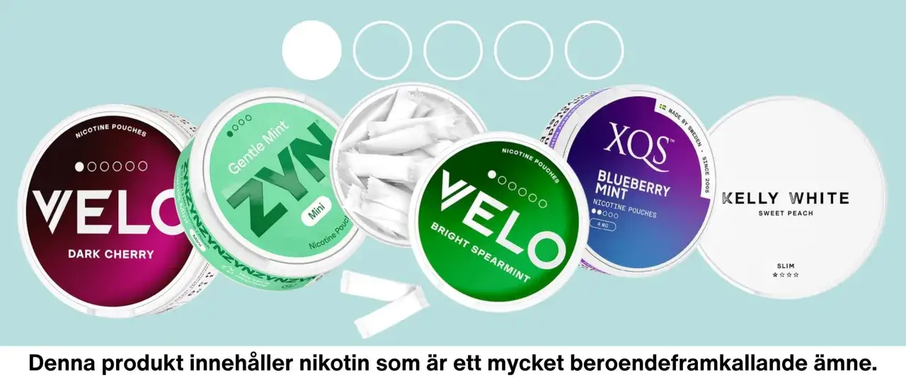 Flera snusdosor med olika smaker och märken som Velo, Zyn, XQS och Kelly White. Informationen om hur mycket nikotin i en snus kan variera.
