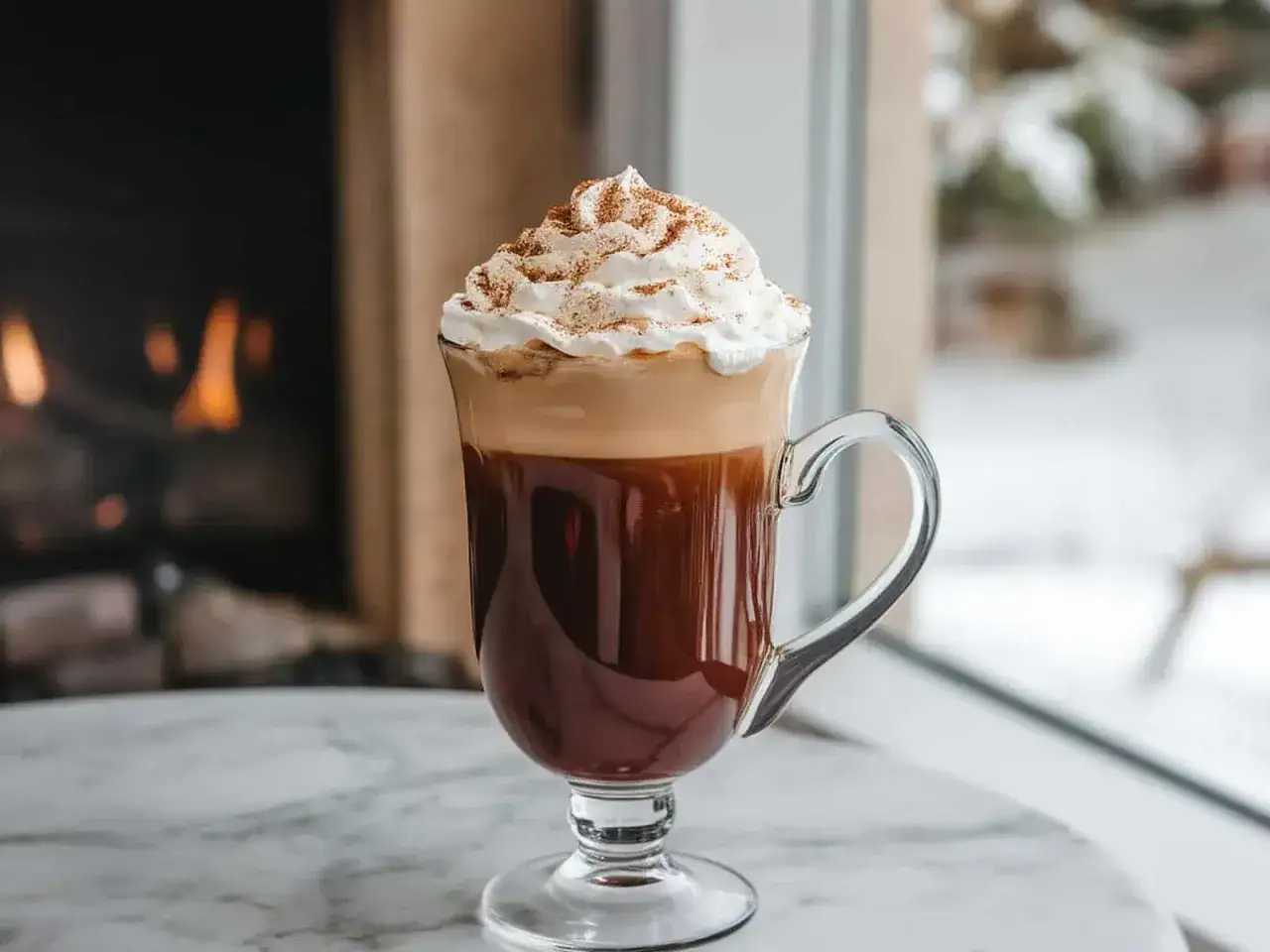 En härlig spansk kaffedrink med vispgrädde och kanel, perfekt för en mysig stund framför brasan.