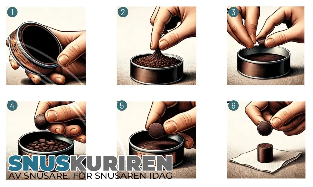 Steg-för-steg-guide: hur snusar man. Bilderna visar hur man tar snus, formar det och placerar det under läppen.