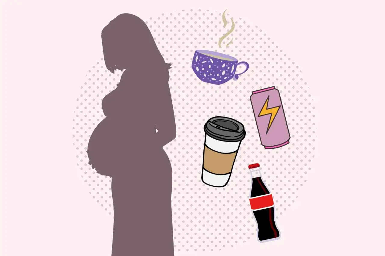 Silhuett av en gravid kvinna med en kopp kaffe, energidryck och läsk.