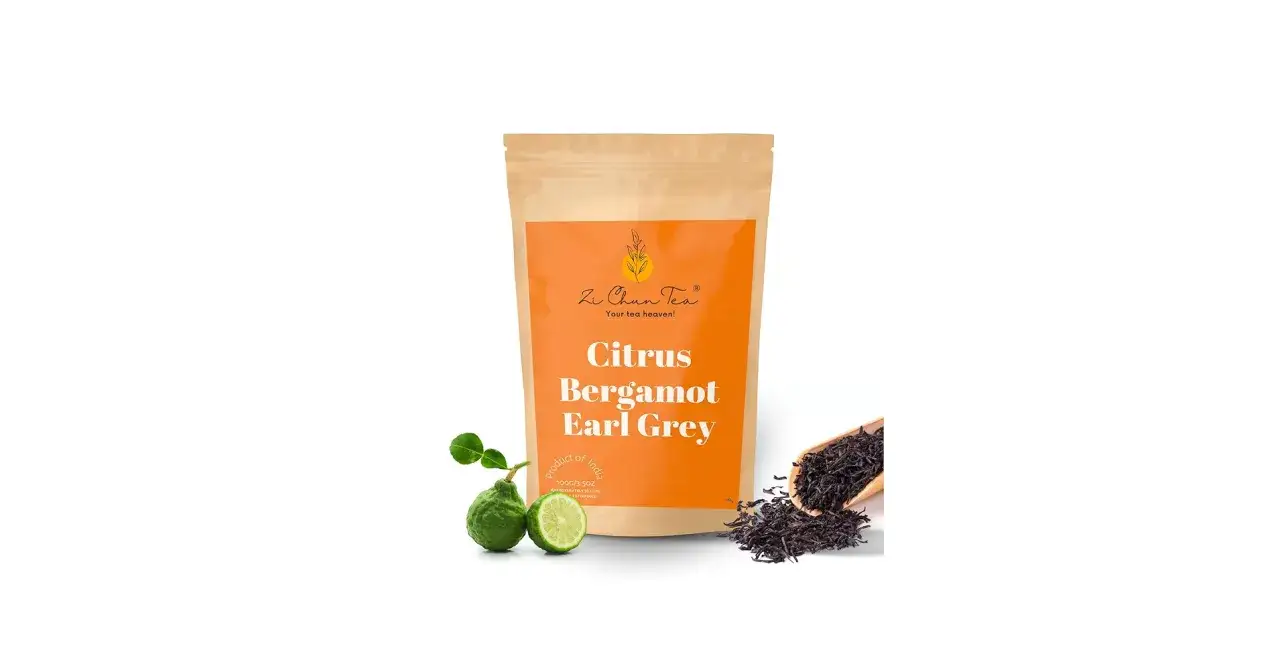 Påse med Zi Chun Tea, Citrus Bergamot Earl Grey. Två bergamottfrukter och en skopa te. Bergamott smak.