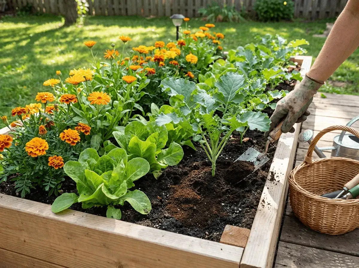 En upphöjd bädd med sallat, kål och ringblommor. En hand med handske använder en spade för att lägga till kaffesump i jorden.