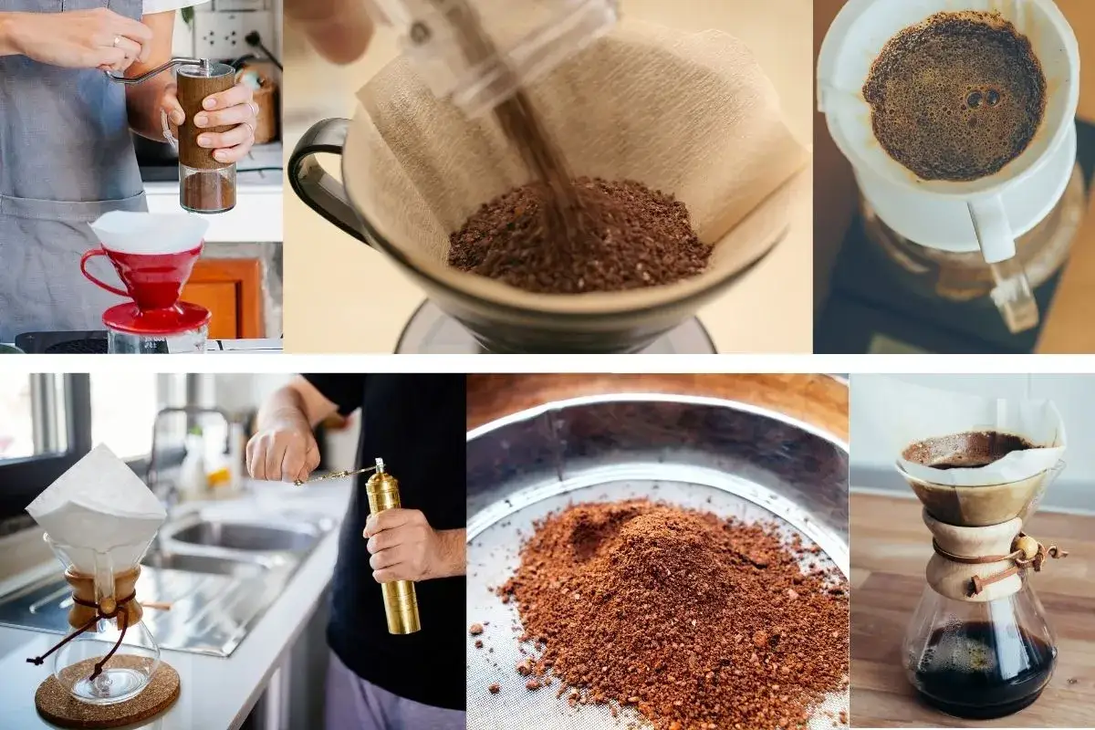 Kaffebönor mals för hand, kaffet smakar beskt när det droppar ner i en Chemex.