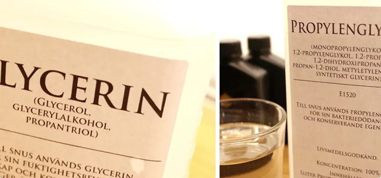 Etiketter visar glycerol och propylenglykol, en ingrediens som används i snus för dess bakteriedödande och konserverande egenskaper.