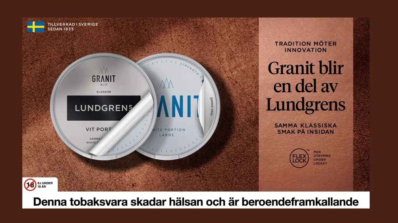 Granit snus blir en del av Lundgrens. Två snusdosor syns, en med texten Lundgrens och en med Granit.