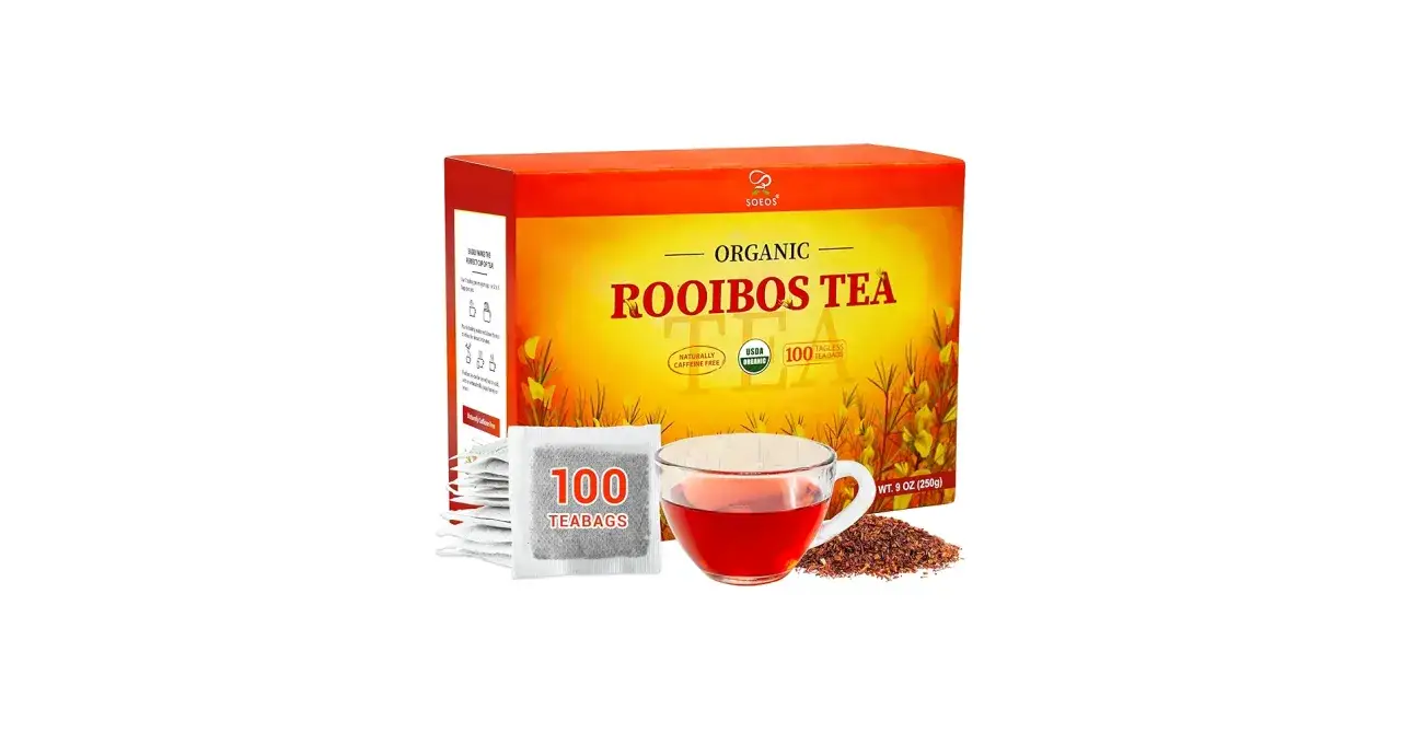 En l&aring;da ekologiskt rooibos te, 100 tep&aring;sar, en kopp te och l&ouml;sviktste. Perfekt f&ouml;r dig som vill ha rooibos te utan koffein.