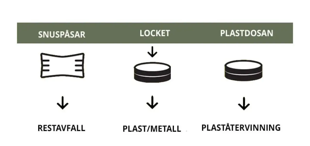 En tom snusdosa och dess delar sorteras olika: snuspåsar som restavfall, locket som plast/metall och plastdosan för plaståtervinning.