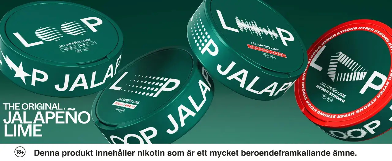 Loop Jalapeño Lime, en av sveriges mest sålda snus, i olika styrkor.