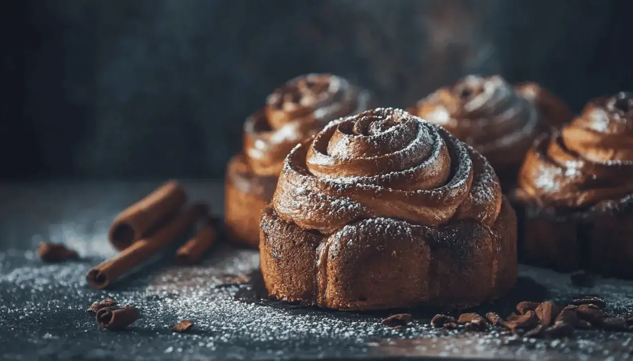 Kanelbullar med pudrat socker, perfekt för kaffets dag. Doften av kanel och kaffe sprider sig.