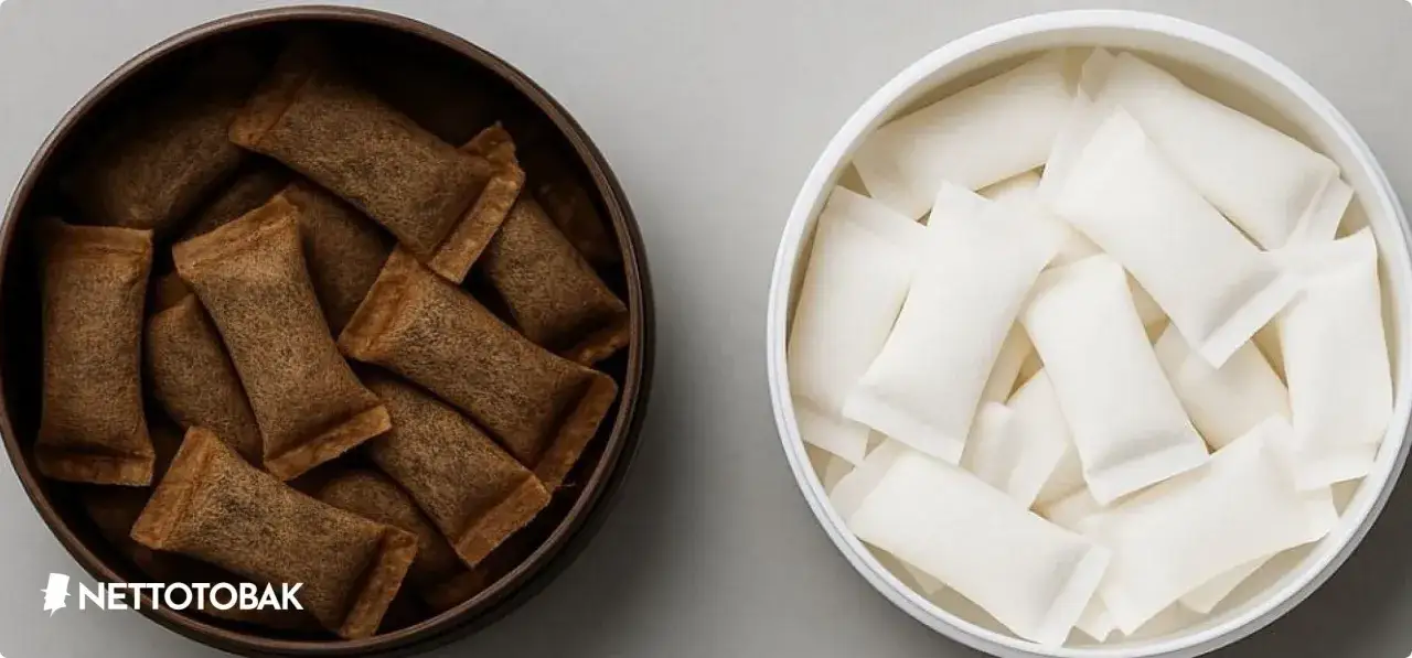 Två dosor med snus. En dosa med mörkt, traditionellt snus och en med vitt, tobaksfritt snus.