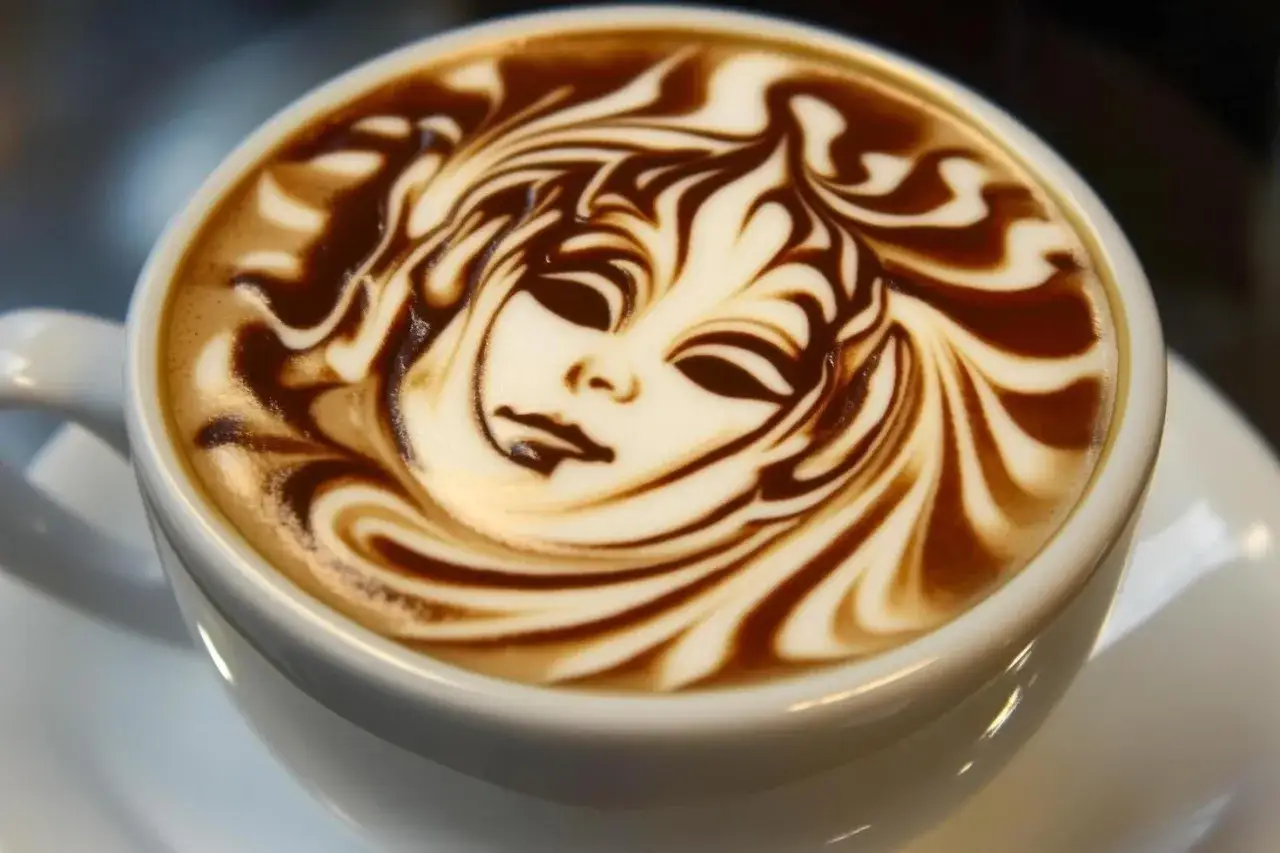 En vit kopp med kaffe och en ansiktsliknande latte art.