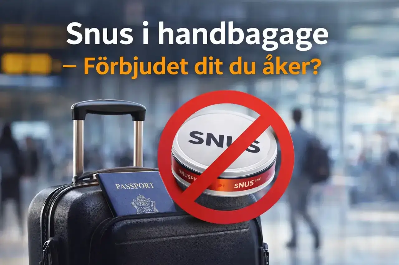 Resa med snus i handbagage? En snusdosa med förbudssymbol över. Kontrollera vad som gäller dit du åker.