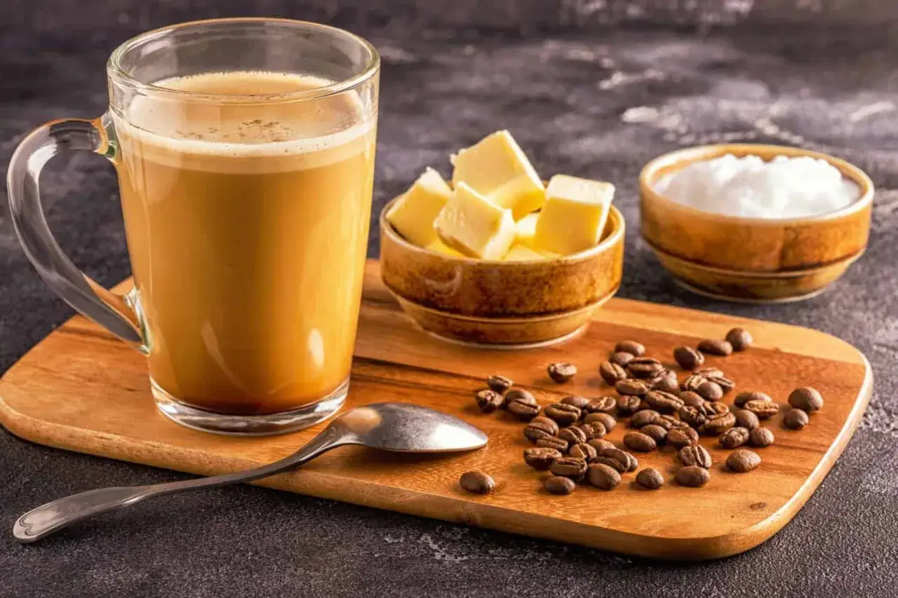 En mugg med krämigt fett kaffe, smörbitar och kaffebönor på en träskärbräda.