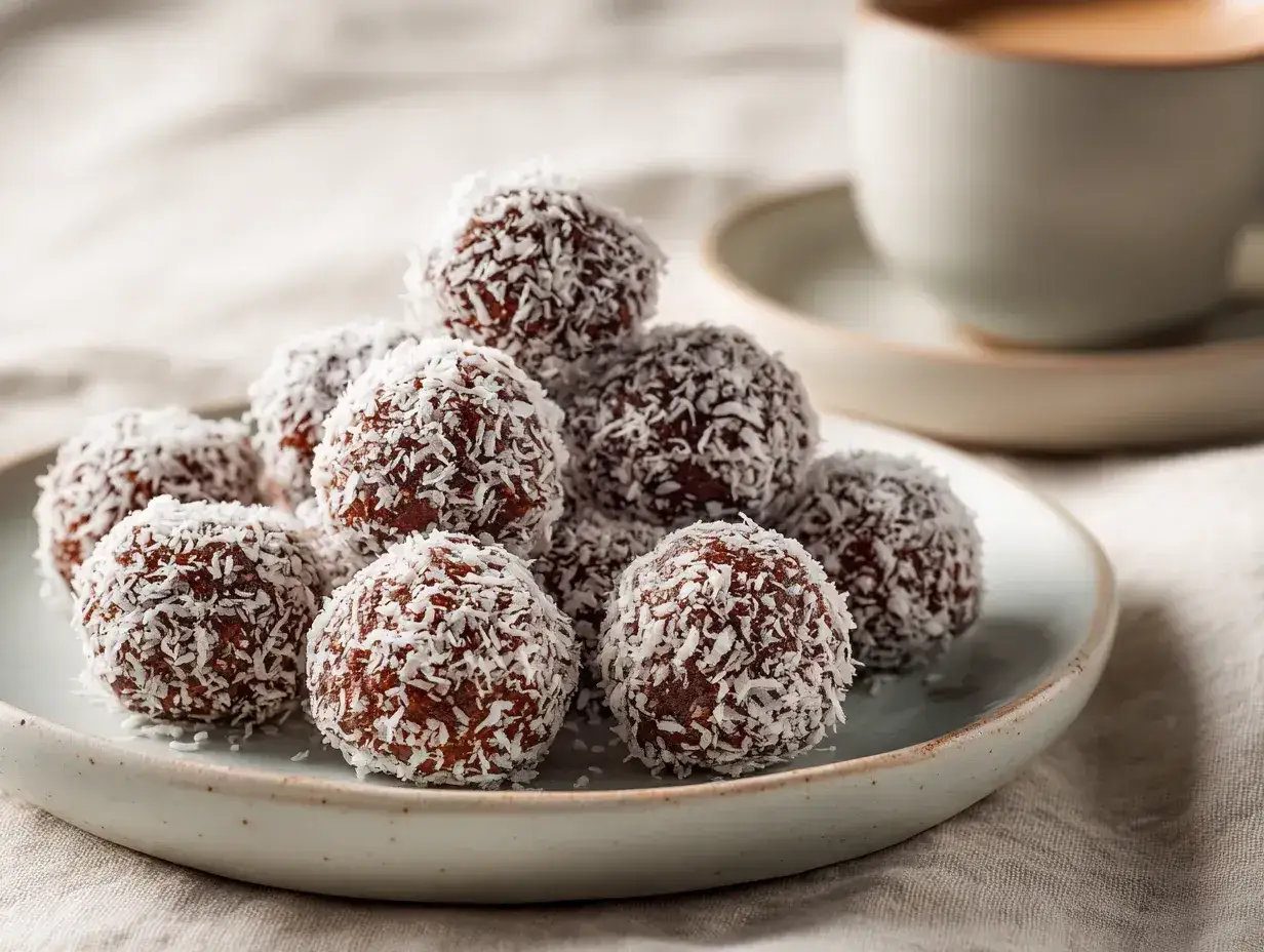 En hög med chokladbollar på en tallrik, redo att avnjutas med en kopp kaffe.