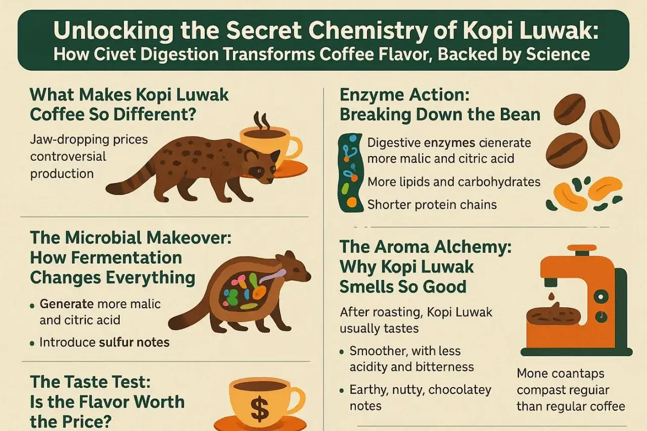 Illustration som förklarar hur luwak kaffe får sin unika smak genom civetdjurets matsmältning.