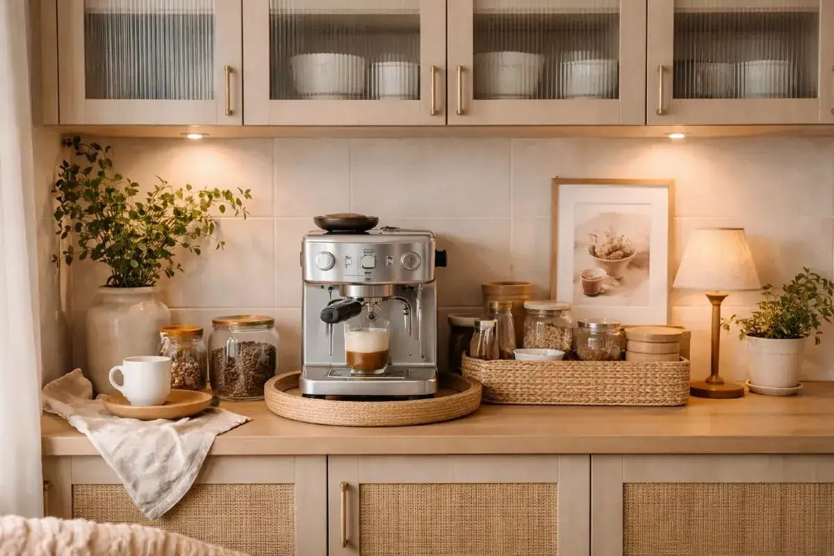 En mysig kaffebar hemma med espressomaskin, kaffebönor i burkar, en vit kopp och en grön växt.