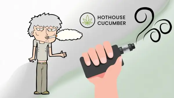 En person röker cigarett, en annan håller en vape. Bilden visar hur fungerar vape, med texten "Hothouse Cucumber".