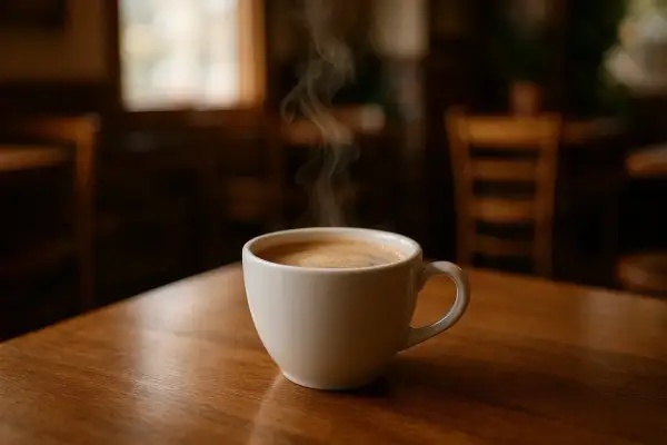 En ångande kopp kaffe på ett träbord. Frågan är hur mycket koffein i koffeinfritt kaffe?