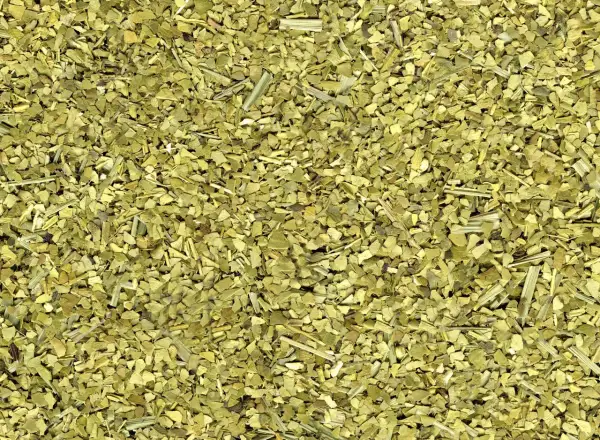Torkade blad och stjälkar av yerba mate, en grön, krispig blandning redo att bryggas.