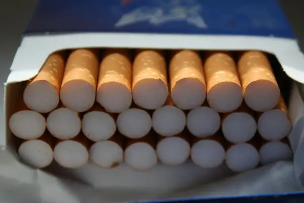 En cigarettpaket med 20 cigaretter, ordnade i två rader.