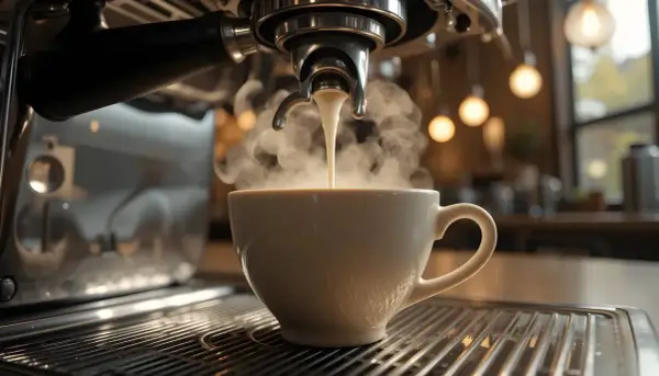 En ångande kopp kaffe fylls från en espressomaskin. Tänk på hur mycket koffein per dag som är lagom för dig.