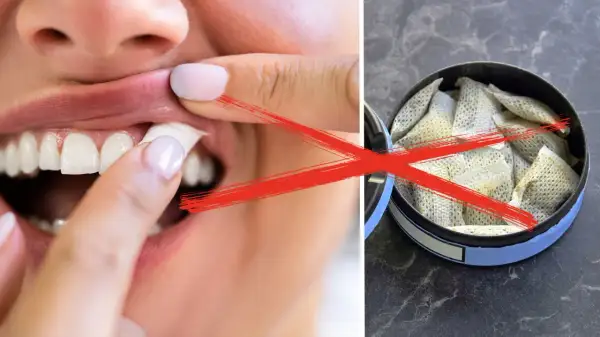Nej, man får inte snusa i lumpen. Bilden visar en person som placerar snus under läppen, med en snusdosa och ett rött kryss som symboliserar förbud.