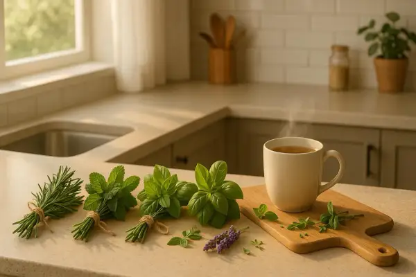 En kopp ångande örtte, en härlig alternativ till kaffe, med färska örter som rosmarin, mynta och basilika på köksbänken.