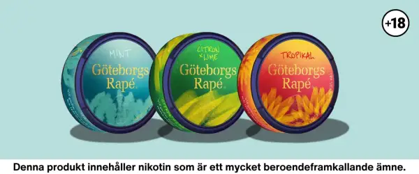 Three cans of Göteborgs Rapé snus: Mint (blue), Citron x Lime (green), and Tropikal (red/orange).
