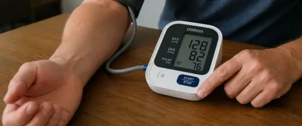 En person mäter blodtrycket med en Omron-mätare. Kanske en snus om dagen är en del av en hälsosam livsstil.